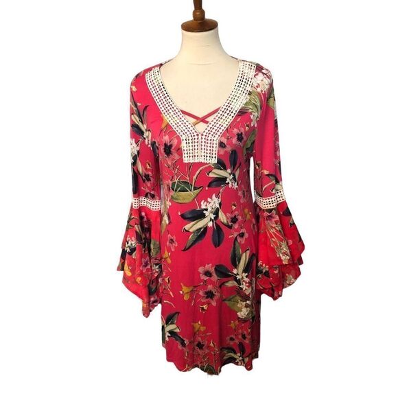 Cupio Ladies Size M Pink Floral Flutter Bell Sleeve Knit Dress mixed media sleev - Picture 2 of 14